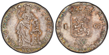 1085770 NETHERLANDS WEST INDIES. 1794 AR Gulden. PCGS MS63.  10.50gm. MO ARG ORD FOED BELG TRAI. Crowned shield between value, W below / HAC NITIMVR - HANC TVEMVR. Standing figure leaning on column, cap on pole, date below. KM 3; Scholten 1354.

F...