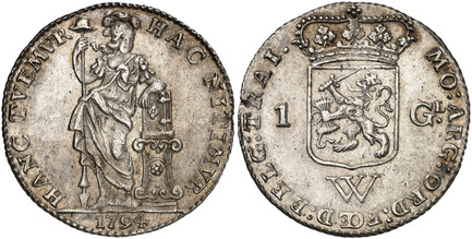 1085910 NETHERLANDS WEST INDIES. 1794 AR Gulden. NGC MS64.  10.58gm. MO ARG ORD FOED BELG TRAI. Crowned shield between value, W below / HAC NITIMVR - HANC TVEMVR. Standing figure leaning on column, cap on pole, date below. KM 3.

Please use this l...