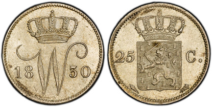 1085745 NETHERLANDS. William I. 1830-(Torch) AR 25 Cents. PCGS MS64.  Ultrecht. Edge: Plain. Crowned W divides date / Crowned arms divides value. KM 48; Sch.-292.

Please use this link to verify the PCGS certification number <a href="http://www.pc...