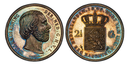 1084890 NETHERLANDS. William III. 1849-(sword) (caduceus) AR 2-1/2 Gulden. PCGS PR64.  By I.P. Schouberg. Edge: GOD*ZY*MET*ONS*. 38mm. WILLEM III KONING - DER NEDERLANDEN G.H.V.L. Head right / (date) MUNT VAN HET KONINGRIJK DER NEDERLANDEN. Crowne...