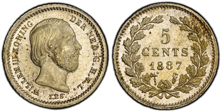 1085880 NETHERLANDS. William III. 1887-(Broadaxe with star) AR 5 Cents. PCGS MS65.  Head right / Value and date within wreath. KM 91; Scholten 676.

Please use this link to verify the PCGS certification number <a href="http://www.pcgs.com/cert/530...