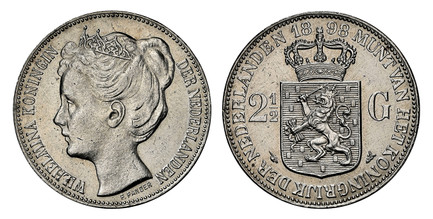 1085759 NETHERLANDS. Wilhelmina I. (Queen, 1890-1948). 1898 AR 2-1/2 Gulden. NGC MS60.  By P. Pander. Edge: GOD*ZY*MET*ONS*. WILHELMINA KONINGIN DER NEDERLANDEN. Crowned head left / (date) MUNT VAN HET KONINGRIJK DER NEDERLANDEN. Crowned arms divi...