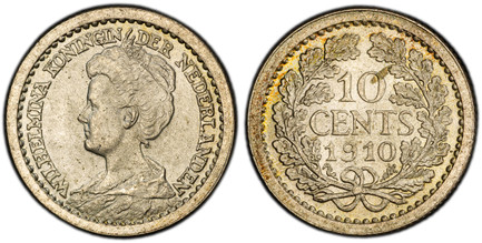 1085755 NETHERLANDS. Wilhelmina I. 1910 AR 10 Cents. PCGS MS65.  Edge: Reeded. Small head left with continuous legend / Value within wreath. KM 145; Sch.-889.

Please use this link to verify the PCGS certification number <a href="http://www.pcgs.c...