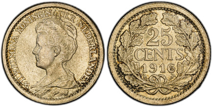 1085757 NETHERLANDS. Wilhelmina I. 1916 AR 25 Cents. PCGS MS65.  Edge: Reeded. Bust left, legend / Value within wreath. KM 146; Sch.-866.

Please use this link to verify the PCGS certification number <a href="http://www.pcgs.com/cert/53091381/">53...