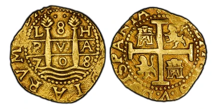 1086656 PERU. Philip V. 1708-L H AV 8 Escudos. PCGS AU50.  Lima. 26.90gm. Arms within beaded circle; legend around / Crowned pillars of hercules set on ocean waves. KM 38.1; Calico 18.

Please use this link to verify the PCGS certification number ...