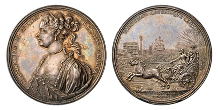 1084777 Poland. 1719 AR Medal. NGC MS62.  By O. Hamerani. 48mm. 48.10gm. CLEMENTINA • M • BRITAN • FR • ET • HIB • REGINA •. Draped bust, left / FORTVNAM • CAVSAMQVE • SEQVOR// DECEPTIS • CVSTODIBVS •/ •MDCCXIX•. Clementina hurriedly departing in ...