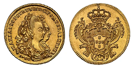 1086488 PORTUGAL. Maria I and Pedro III. 1780 AV 1/2 Escudo, 800 Reis. NGC MS63.  Lisbon. MARIA · I · ET · PETRUS III · ... Coinjoined busts right / Crowned arms in cartouche. KM 269; Fr.-110.

Please use this link to verify the NGC certification ...