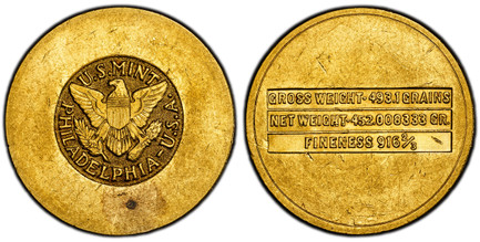 1086481 SAUDI ARABIA. United Kingdoms. (1945-46) AV 4 Pounds. PCGS MS62.  Philadelphia mint. U.S. MINT PHILADELPHIA U.S.A. Eagle with wings open / GROSS WEIGHT 493.1 GRAINS/ NET WEIGHT 452.008333 GR./ FINENESS 916 2/3. Three lined inscription with...