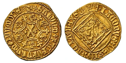 1086615 SCOTLAND. James I. (King, 1406-1437). (1406-1437) ND-(Crown) AV Demy (9 shillings). NGC AU55.  Edinburgh. 3.33gm. xIACOBVS DE IGRACIA REX SCxx (lis stops). Crown above rampant lion within lozenge / +SALVVM FAC POPVLVM TVVM DNE[ (lis stops)...