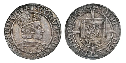 1086617 SCOTLAND. James V. (King, 1513-1542). (1526-39) ND AR Groat. NGC AU53.  Edinburgh. 2.63gm. +IACOBVS DEI GRA (REX) 8COTOBV. Crowned bust, right within beaded circle / • OPPIDV • EDINBVRGI (trefoil stops). Shield of arms over long cross four...