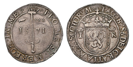 1086619 SCOTLAND. James VI. (King, 1567-1625). 1571 AR Ryal or Sword Dollar. NGC XF45.  Edinburgh Mint. (Crowned Thistle). ·: IACOBVS • 6 • DEI • GRATIA • REX • SCOTORVM :·. Crowned royal coat-of-arms; crowned I R across field / ·: PRO • ME • SI •...