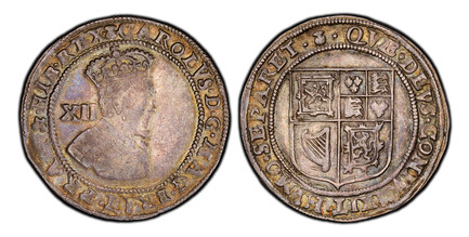 1086622 SCOTLAND. Charles I. (King, 1625-1649). (1625-34) AR 12 Shillings. PCGS AU50.  Edinburgh. Crowned bust of Charles I right, value behind head in inner circle / Shield of arms in inner circle. KM 45; S-5542.

Sterling Coinage. First Coinage ...