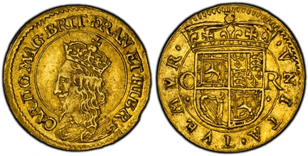 1086624 SCOTLAND. Charles I. (King, 1625-1649). (1637-42) AV Halfcrown. PCGS AU53.  By Nicolas Briot. Edinburgh. 1.20gm. B below crowned bust, left / Crowned arms. KM 49; S-5539.

Third coinage.

Please use this link to verify the PCGS certificati...