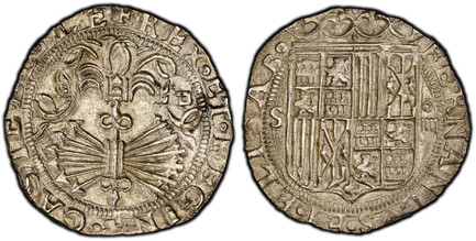 1083497 SPAIN. Ferdinand and Isabel. (King and Queen, 1474-1504). (1497-1504)-S D AR 4 Reales. NGC MS63.  Seville. 32.5mm. 13.71gm. FERNANDVS : ET ELISABET ·. Crowned coat-of-arms; S to left, O/IIII (mark of value) to right / + REX · ET · REGINA ·...