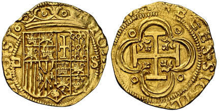 1085841 SPAIN. Carlos I With Joanna. (King, 1516-1556). (1516-56) ND-S D AV Escudo. NGC MS63.  Seville. 3.28gm. IOANA • ET • KAROLVS. Crowned full shield, Square D to left and S to right / + HISPANIARVM • REGES • SIC... Jerusalem cross within a qu...