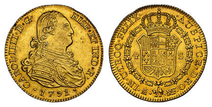 1086586 SPAIN. Charles IV. 1791-(Crowned M) MF AV 4 Escudos. NGC MS63.  Madrid. CAROL · IIII · D · G · HISP · ET IND · R ·. Bust right / IN · UTROQ · FELIX · AUSPICE · DEO ·. Crowned arms in order chain. KM 436.1; Calico 201.

Currently the finest...