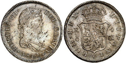1085911 SPAIN. Ferdinand VII. 1812-(Crowned C) CI AR 4 Reales. NGC MS61.  Cadiz. 13.28gm. FERDIN · VII · DEI · GRATIA ·. Laureate draped bust right / HISPANIARUM · REX ·. Crowned arms of Castile and Leon. KM 476.1; Calico 703.

Currently the fines...