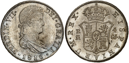 1085912 SPAIN. Ferdinand VII. 1816-(Crowned M) GJ AR 4 Reales. NGC MS64.  Madrid. 13.66gm. Laureate draped bust right / Crowned arms of Castile and Leon. KM 476.2; Calico 756.

We note that an NGC MS63 example of the date/mint realized $3800 hamme...
