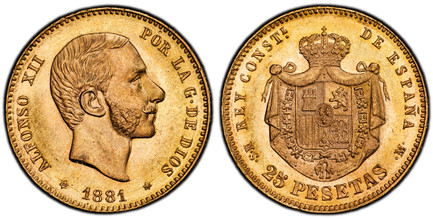 1085896 SPAIN. Alfonso XII. 1881 (81)-(6-pointed star) MS-M AV 25 Pesetas. PCGS MS65.  Madrid. 8.05gm. ALFONSO XII... Head right / REY CONST... Crowned mantled arms. KM 687; Fr.-344; Calico 14.

Please use this link to verify the PCGS certificatio...