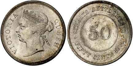 1085914 STRAITS SETTLEMENTS. Victoria. (Queen, 1837-1901). 1901 AR 50 Cents. NGC MS64.  London. 13.50gm. VICTORIA QUEEN. Crowned head left / STRAITS SETTLEMENTS. Value within beaded circle. KM 13; Primore 29.
Currently the finest known at NGC as o...