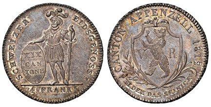 1085449 SWISS CANTONS. Appenzell. 1812 AR 4 Franken. NGC MS63.  Edge: (Three-leaved leaf edge). 29.92gm. CANTON APPENZELL. Rampant bear divides VR in shield within sprigs / Standing knight, oval shield, value. KM 9; D.T. 154; HMZ 2-28a.

Please us...