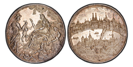 1086587 SWISS CANTONS. Basel. (c.1675) ND AR Medal. PCGS MS62.  51mm. Solomon seated on throne, preceded by three elders, all facing solider holding naked infant / City view. SM-1199; Wunderly-2187 .

The Judgement of Solomon.
Housed in an oversiz...