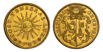1085451 SWISS CANTONS. Geneva. 1762 AV Pistole. NGC MS65+.  5.61gm. GENEVEN · RESPUBL. Ornate arms, IHS in sun above / POST TENEBRAS LUX. IHS in center of sun. KM 77; Fr.-262; D.T. 1005g; HMZ 2-338g.

Please use this link to verify the NGC certifi...
