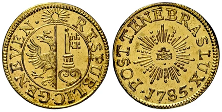 1085455 SWISS CANTONS. Geneva. 1788 Gilt CU 2 Quarts (1/2 Sol oder 6 Deniers). NGC UNC Details Edge filing.  Genf. 1.27gm. GENEVEN RESPUBLIC. Arms within circle, sun above / POST TENE BRAS LUX J785. IHS in center of sun. Richter (Proben) 1-397; HM...