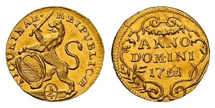 1085442 SWISS CANTONS. Zurich. 1761/58 AV 1/4 Ducat. NGC MS62.  0.88gm. RESPUBLICÆ TICURINAE ·. Oval arms of Zurich supported by rampant lion at right / ANNO/DOMINE, date within cartouche. KM 138; Fr.-488; D.T. 416y. HMZ 2-1163ff.

Please use this...