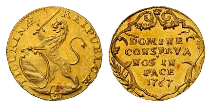 1085443 SWISS CANTONS. Zurich. 1767 AV 1/2 Ducat. NGC MS65.  1.73gm. RESPUBLICÆ TICURINÆ ·. Oval arms of Zurich supported by rampant lion at right / DOMINE / CONSERVA / NOS IN / PACE ·. Inscription, date within ornamented cartouche. KM 139; Fr.-48...