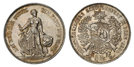 1086282 SWITZERLAND. Bern Canton. 1885 AR 5 Francs (Shooting Thaler). NGC MS65.  DEM BUND ZUM SCHUTZ DEM FEIND ZUM TRUTZ. Standing Helvetia with sword, heraldic shield and a bear to the side / EIDGENOSSISCHES SCHUTZENFEST IN BERN 1885. Cantonal co...