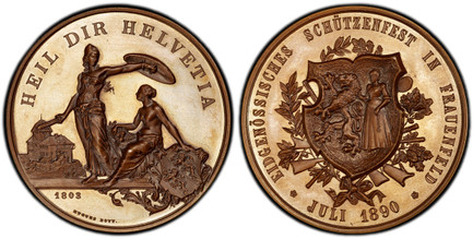 1085851 SWITZERLAND. Thurgau Canton, Frauenfeld. 1890 Bronzed AE Shooting Medal. PCGS SP66.  By Hugues Bovy. 53.42gm. Helvetia standing left, head right, holding sword and shield and protecting Thurgau seated to right / Coat of arms over wreath an...