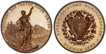 1085849 SWITZERLAND. Federal. 1892 Bronzed AE Shooting Medal. PCGS SP64.  By Huguenin. 45mm. 42.20gm. (star) EIDGENÖSSISCHES SCHÜTZENFEST (star)/GLARUS 1892. Garnished coat-of-arms within wreath / GEDENKET DER THATEN EURER VÆTER!. Helvetia standin...