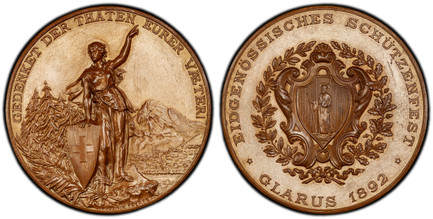 1085850 SWITZERLAND. Federal. 1892 Bronzed AE Shooting Medal. PCGS SP65.  By Huguenin. 42.20gm. (star) EIDGENÖSSISCHES SCHÜTZENFEST (star)/GLARUS 1892. Garnished coat-of-arms within wreath / GEDENKET DER THATEN EURER VÆTER!. Helvetia standing righ...