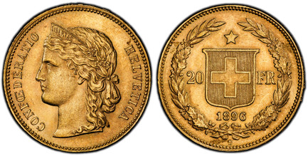 1084991 SWITZERLAND. 1896-B AV 20 Francs. PCGS MS65.  Edge: DOMINUS XXX / XXXXXXXXXX PROVIDEBIT. 6.45gm. CONFOEDERATIO HELVETICA. Crowned head left / Shield divides value, star above, date below, all within wreath. KM 31.3; Fr.-495; HMZ1194n.

Ple...
