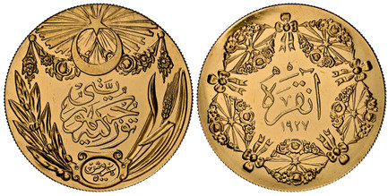1085067 TURKEY. 1927 AV 500 Kurush. NGC MS64DPL (Deep Prooflike).  49mm. 32.16gm. Radiant star and crescent above inscription within sprigs / Inscription and date within designed wreath. KM 848; Fr.-198; Schl.-798.

Monnaie de Luxe. Currently the ...