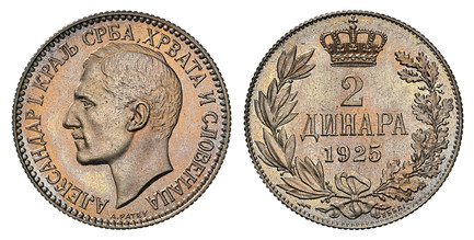 1084904 YUGOSLAVIA. Aleksandar I Karadordevi. (King 1921-1934). 1925-(Thunderbolt) Copper-Nickel Essai 2 Dinara. NGC MS68.  By Henri-Auguste Patey. Poissy Mint. Edge: Reeded. 27mm. 9.99gm. АЛЕКСАНДАР I. КРАЉ СРБА, ХРВАТА И СЛОВЕНАЦА// A.PATEY. Ba...