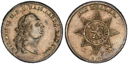 1085978 GERMAN STATES. Hesse-Cassel. Friedrich II. 1778 BR AR Thaler. PCGS AU58.  36.47mm. 23.21gm. FRIDERICUS II. D. G. HASS. LANDG. HAN. COM. Head right / EIN THALER, VIRTUTE ET FIDELITATE around lion. Lion arms within inner circle of star, valu...