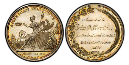 1084897 UNITED STATES OF AMERICA. (c.1837) AR Medal. PCGS MS63.  By R. Lovett. Philadelphia. 51mm. 58.34gm. AMERICAN INSTITUTE.// NEW – YORK. Allegorical figure of Liberty seated to left, with Liberty cap on a pike and holding a crown; shield of t...