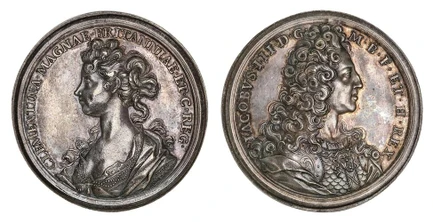 1084778 POLAND. James III & Clementina. (1719) AR Medal. NGC MS61.  By O. Hamerani. Edge: Plain. 49mm. 37.79gm. IACOBVS • III • D • G • M • B • F • ET • H • REX. Armored and draped bust, right / CLEMENTINA • MAGNAE • BRITANNIAE • ET • C • REG •. D...