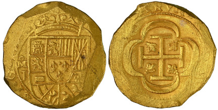 1087236 MEXICO. Philip V. 1714-Mo J AV 8 Escudos. NGC MS63.  Mexico City. 26.89gm. PHILIPVS V DEI G. Legend and date around crowned arms / Legend around cross. KM 57.2. Date over GRAT on obverse.

Cob Coinage.
Ex 1715 Fleet (NGC Shipwreck designat...