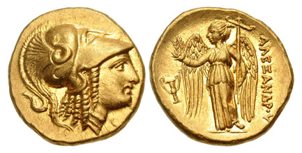 1087634 GREEK. KINGDOM OF MACEDON. Alexander III. Lifetime to early posthumous issue, struck 326-323 BC. AV Stater. NGC MS (Mint State) Strike 5/5 Surface 5/5.  Amphipolis mint. 17mm. 8.63gm. Helmeted head of Athena, right / Nike standing left, ho...