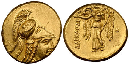 1084600 GREEK. KINGDOM OF MACEDON. Alexander III, 'the Great'. (King, 336-323 BC). Lifetime issue, struck 332-323 BC. AV Stater. NGC AU (About Uncirculated) Strike 3/5 Surface 3/5.  Ake. 18mm. 8.57gm. Head of Athena right wearing triple-crested Co...