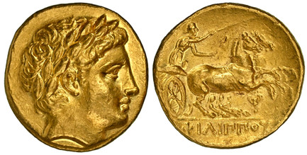 1086295 GREEK. KINGDOM OF MACEDON. Philip II. (King, 359-336 BC). Lifetime to early posthumous issue, struck 340-328 BC. AV Stater. NGC Ch. XF (Choice Extremely Fine) Strike 5/5 Surface 4/5.  Pella. 19mm. 8.57gm. Laureate head of Apollo right / ΦΙ...