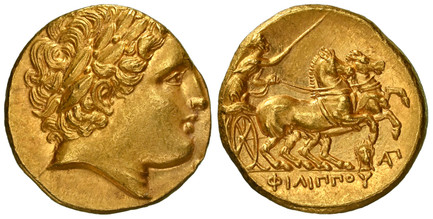 1086556 GREEK. KINGDOM OF MACEDON. Philip II. (King, 359-336 BC). Early posthumous issue. AV Stater. NGC MS (Mint State) Strike 4/5 Surface 5/5.  Lampsacus. 18mm. 8.57gm. Laureate head of Apollo right / ΦIΛIΠΠOY. Sharioteer driving biga galloping ...