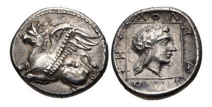 1086744 GREEK. THRACE. Abdera. Struck circa 383-336 BC. AR Tetrobol. NGC AU✭ (About Uncirculated  ✭) Strike 5/5 Surface 5/5.  14mm. 2.98gm. Griffin flying to left / Legend around linear square containing laur. head of Apollo right. Sear 1552; May ...