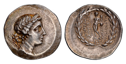 1081225 GREEK. IONIA. Magnesia. Struck circa 2nd Century BC. AR Tetradrachm. NGC AU (About Uncirculated) Strike 5/5 Surface 4/5.  Magnesia, Turkey. 16.84gm. Bust of Artemis, right / Apollo, nude, standing left, leaning on tripod; laurel branches i...
