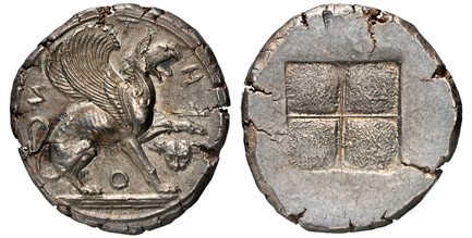 1086439 GREEK. IONIA. Teos. Struck c.450-425 BC. AR Stater. NGC Ch. AU (Choice About Uncirculated) Strike 4/5 Surface 5/5 Fine Style.  23.5mm. 11.90gm. T-H-I-O-N. Griffin seated to right with raised forepaw, on ornate ground line; facing panther h...