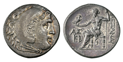 1086296 GREEK. PAMPHYLIA. Aspendus (Aspendos). circa 212-181 BC. AR Tetradrachm. NGC MS (Mint State) Strike 5/5 Surface 3/5.  16.13gm. Head of Herakles right, wearing lion skin / Zeus seated left, holding scepter and eagle, A? above date KB in lef...