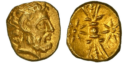 1086300 GREEK. CYRENAICA (KYRENAICA). Cyrene (Kyrene). Second Revolt of the Kyrenaikans. (Circa 305-300 BC). Struck circa late 4th Century BC. AV 1/10th Stater. NGC AU (About Uncirculated) Strike 5/5 Surface 4/5.  7mmmm. 0.72gm. Head of Zeus-Ammon...
